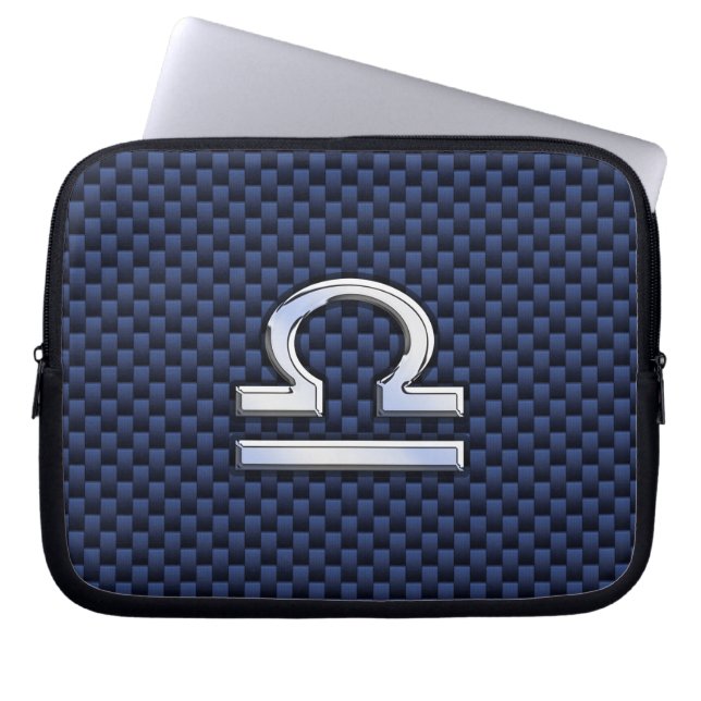 Libra Zodiac Sign on Navy Carbon Fibre Style Laptop Sleeve (Front)