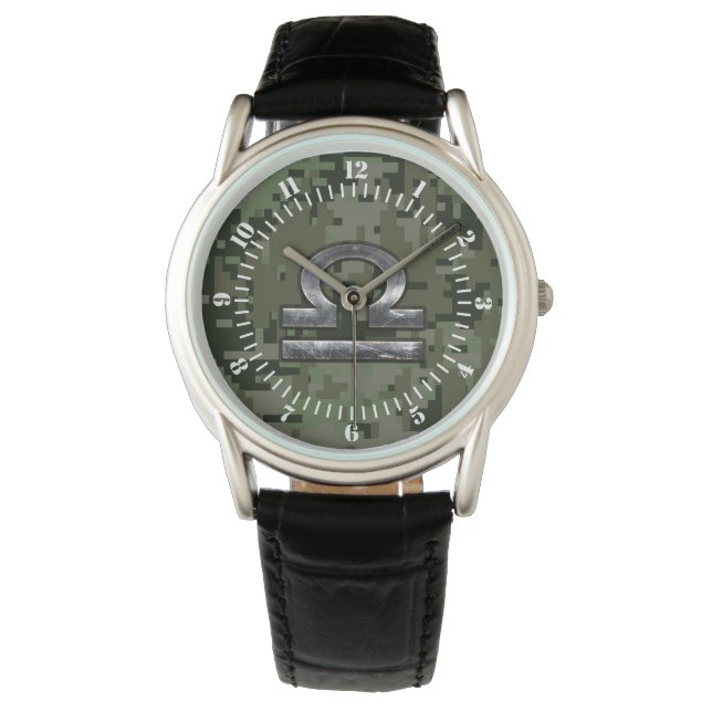 Libra Zodiac Sign Woodland Camouflage Dial Watch (Front)