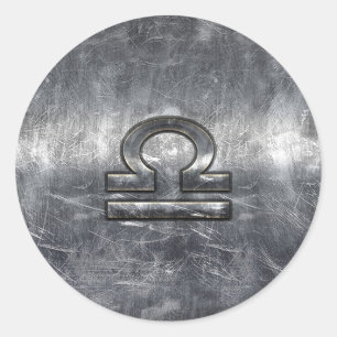 Libra Zodiac Symbol in silver grunge steel style Classic Round Sticker