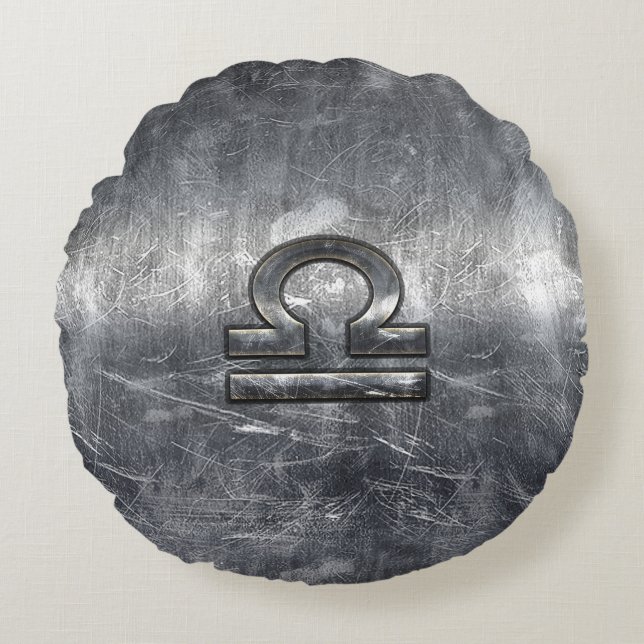 Libra Zodiac Symbol in silver grunge steel style Round Cushion (Front)