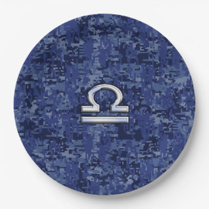 Libra Zodiac Symbol on Blue Digital Camo Paper Plate