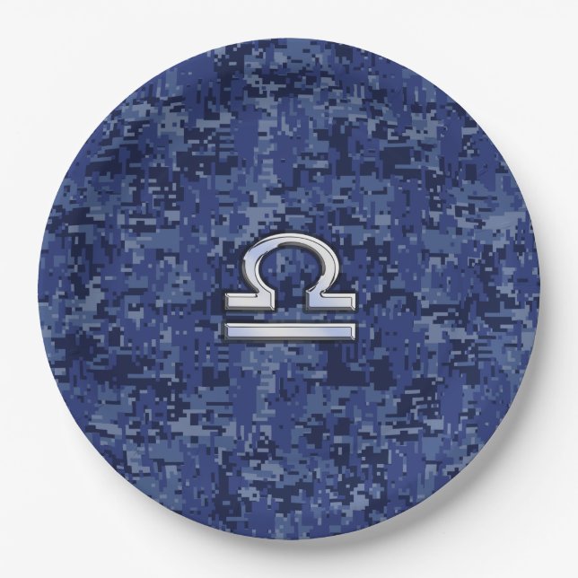 Libra Zodiac Symbol on Blue Digital Camo Paper Plate (Front)