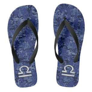 Libra Zodiac Symbol on Blue Digital Camouflage Flip Flops