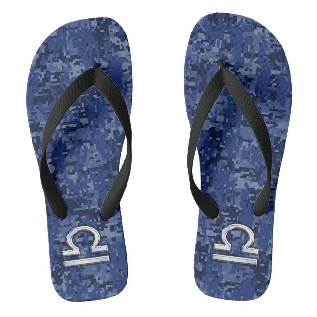 Libra Zodiac Symbol on Blue Digital Camouflage Flip Flops (Footbed)