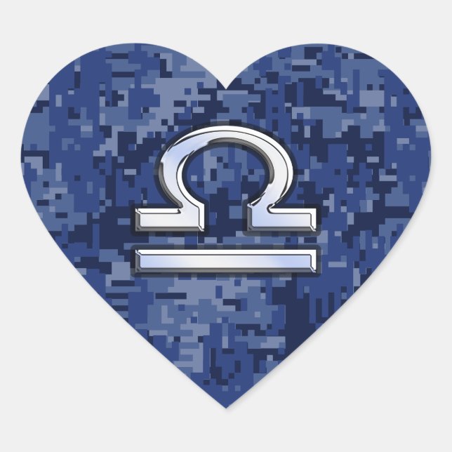 Libra Zodiac Symbol on Blue Digital Camouflage Heart Sticker (Front)