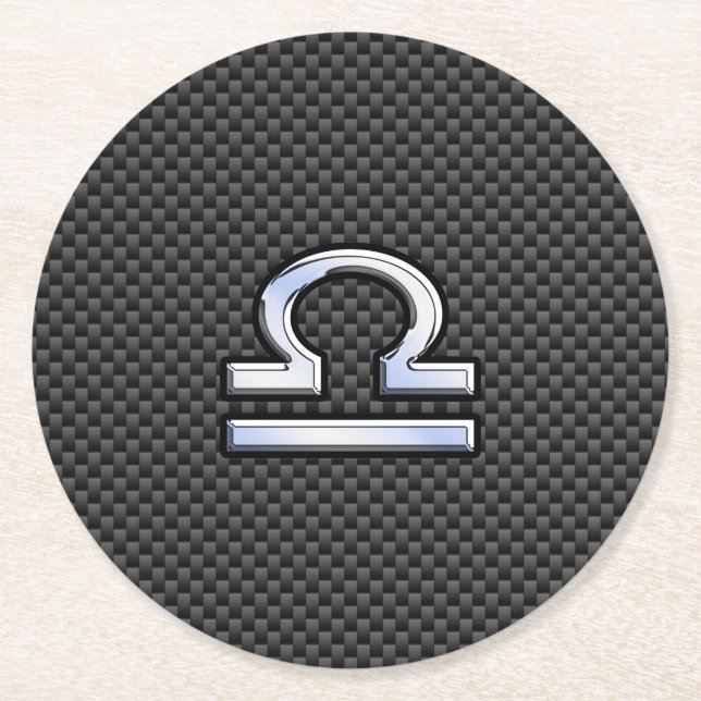 Libra Zodiac Symbol on Carbon Fibre Print Round Paper Coaster (Front)