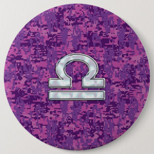 Libra Zodiac Symbol on Fuchsia Digital Camo 6 Cm Round Badge