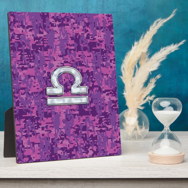 Libra Zodiac Symbol on Fuchsia Digital Camo Plaque (Side)