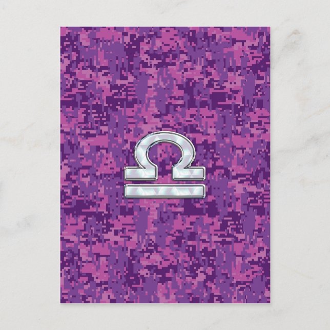 Libra Zodiac Symbol on Fuchsia Digital Camo Postcard (Front)
