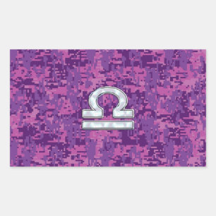 Libra Zodiac Symbol on Fuchsia Digital Camo Rectangular Sticker