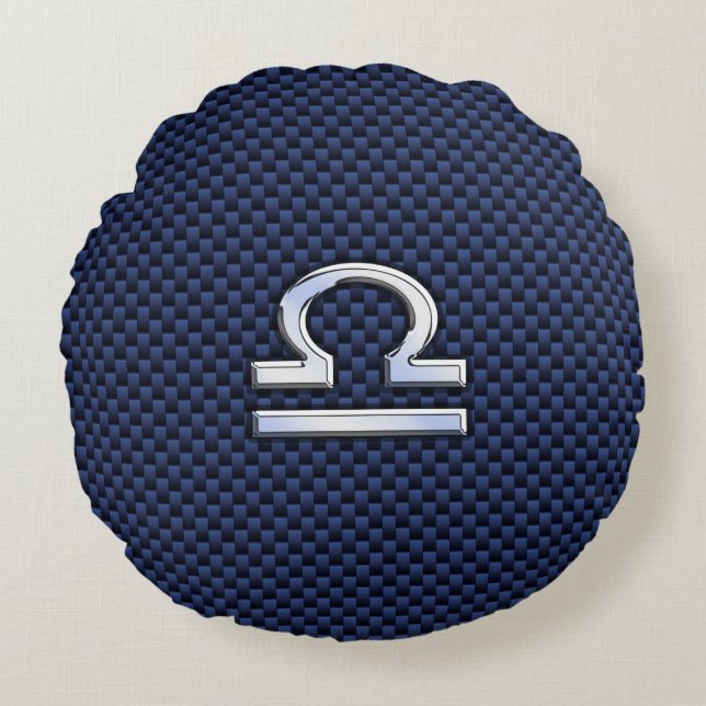 Libra Zodiac Symbol on Navy Blue Carbon Fibre Round Cushion (Front)