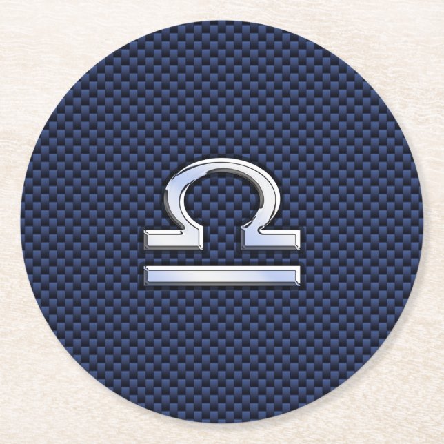 Libra Zodiac Symbol on Navy Blue Carbon Fibre Round Paper Coaster (Front)