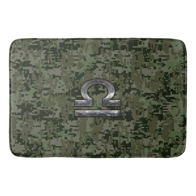 Libra Zodiac Symbol on olive green digital camo Bath Mat (Front)