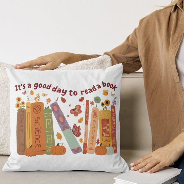 Librarian book Lovers Orange Pumpkin & Fall Leaves Cushion (Librarian book Lovers wight Pillow Natural color, cute orange pumpkin, fall/autumn, Its A Good Day )