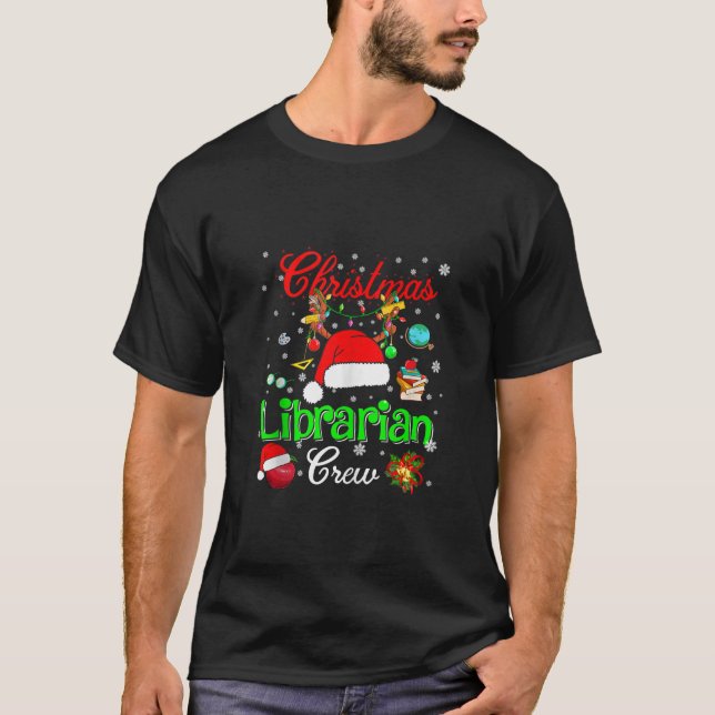 Librarian Crew Christmas Santa Hat Reindeer Teache T-Shirt (Front)