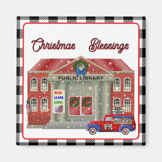 Library and little red truck mobile library magnet