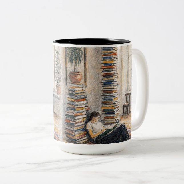 Library art | book stack | reader gift Two-Tone coffee mug (Front Right)