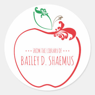 library book flourish apple stamp classic round sticker