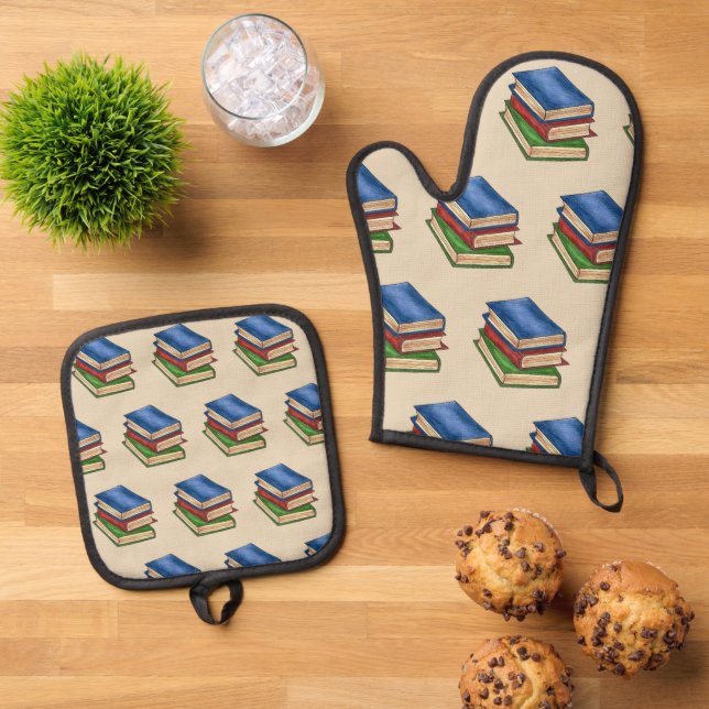 Library Book Stack Teacher Librarian Educator Gift Oven Mitt & Pot Holder Set (Top Down)