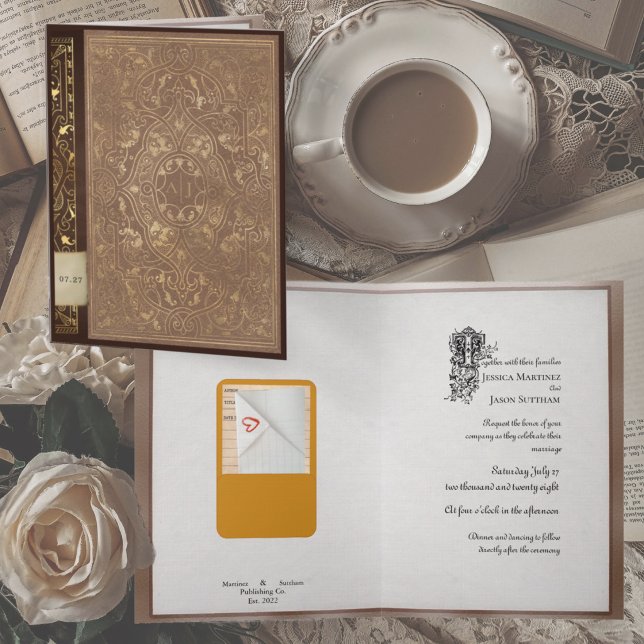Library Book with Folded Notes Literary Wedding (Library book wedding invitation with love note tucked into the return card)