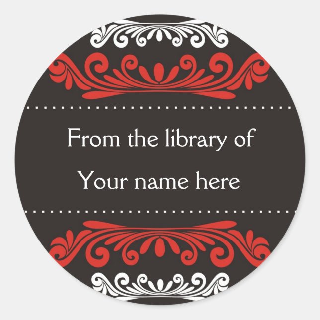 Library Bookplates- Decorative Pattern Black Classic Round Sticker (Front)