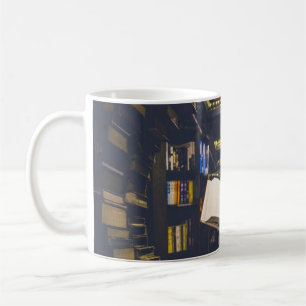 Library Books Shelves Open Book Read Coffee Mug