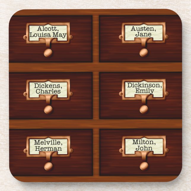 Library Books Wood Card Catalogue Drawers Reading Coaster (Front)