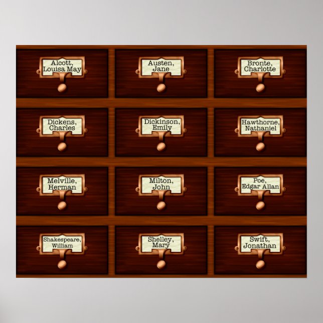 Library Books Wood Card Catalogue Drawers Reading Poster (Front)