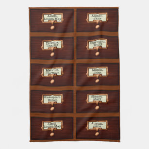 Library Books Wood Card Catalogue Drawers Reading Tea Towel