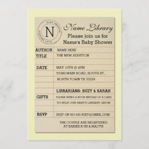 Library Card Baby Shower Yellow Invite Invitation