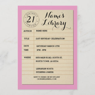 Library Card Book Birthday Party Pink Invite