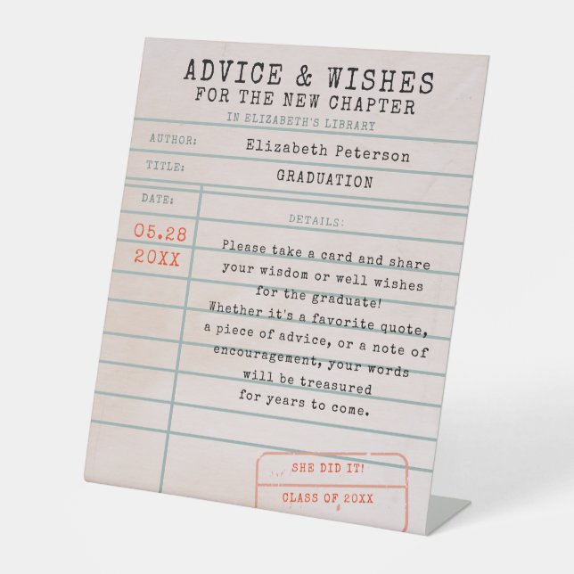 Library Card Book Theme Graduation Advice Wishes Pedestal Sign (Front)