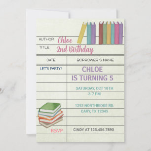 Library card, books girl birthday invitation. invitation