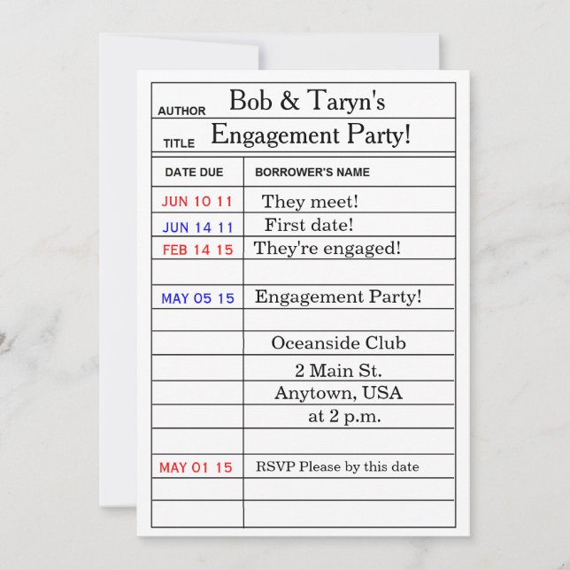 "Library Card" Engagement Party Invitations (Front)