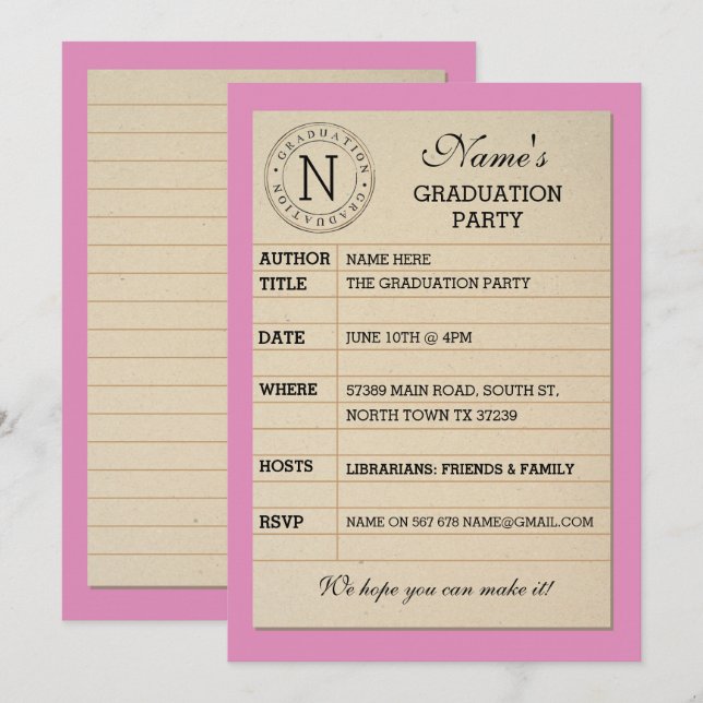 Library Card Graduation Party Pink Book Invite (Front/Back)