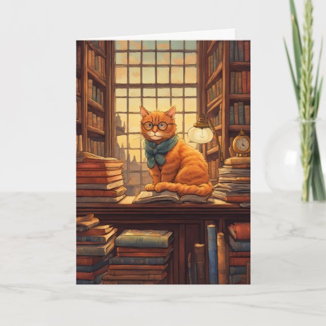 library cat #4 greeting card (Front)