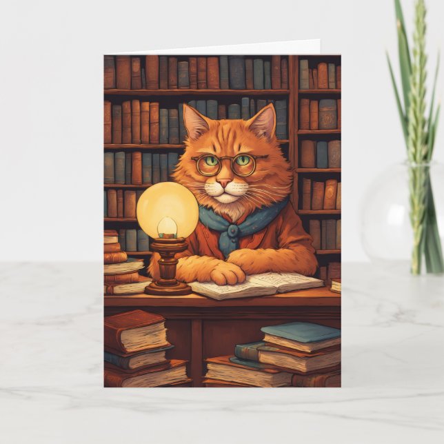 library cat #9 greeting card (Front)