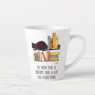 Library Cat Hand-Drawn Black Cat with Books Latte Mug