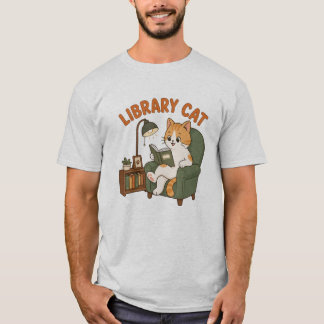 Library Cat Reading Book Cute Cat Lover Illustrati T-Shirt