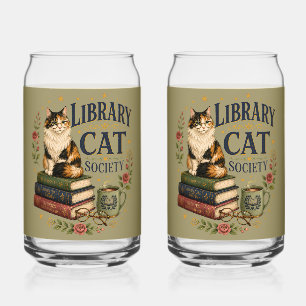 Library Cat Society Bookish Calico Can Glass