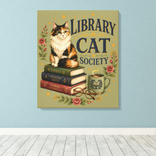 Library Cat Society Bookish Calico Canvas Print