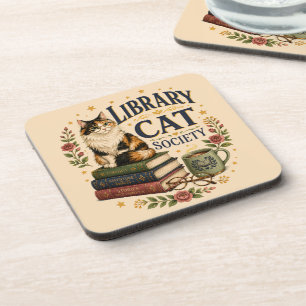 Library Cat Society Bookish Calico Coaster