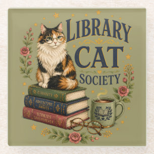 Library Cat Society Bookish Calico Glass Coaster