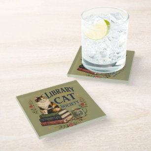 Library Cat Society Bookish Calico Glass Coaster