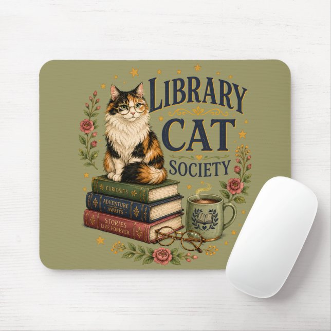 Library Cat Society Bookish Calico Mouse Mat (With Mouse)