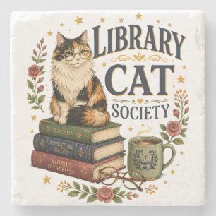 Library Cat Society Bookish Calico Stone Coaster