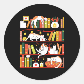Library cats autumn colour version classic round sticker