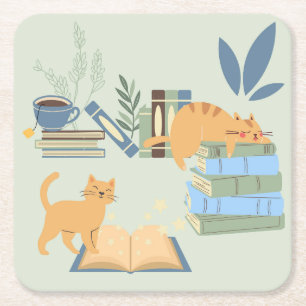 Library Cats Square Paper Coaster