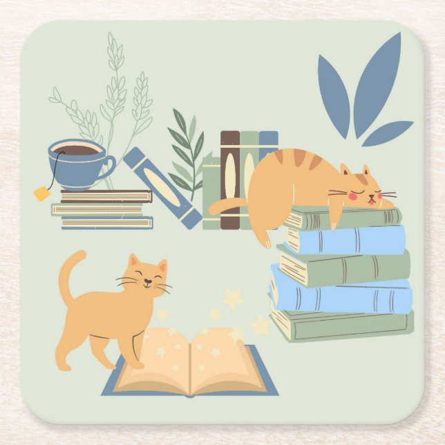 Library Cats Square Paper Coaster (Front)