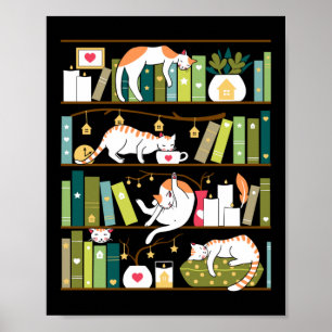 Library cats - whimsical cats on the book shelves poster
